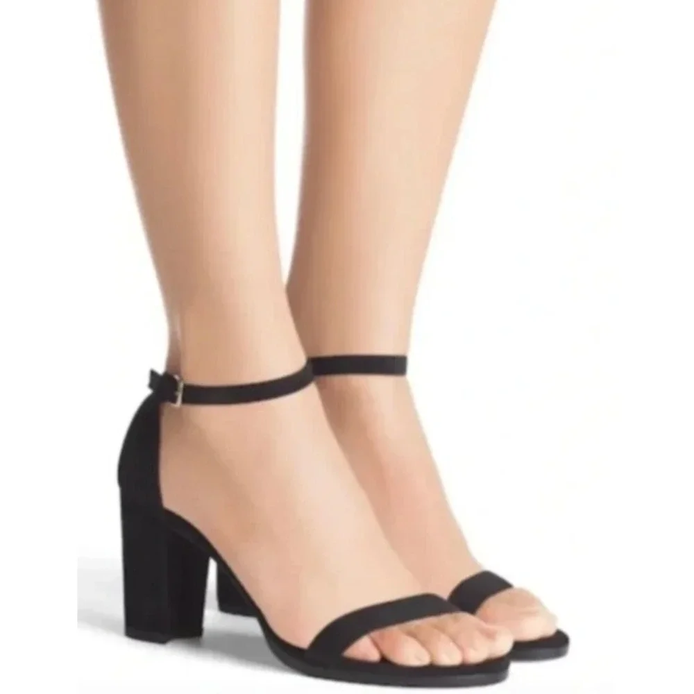 Stuart Weitzman NearlyNude Black Suede Block Heel 80MM Ankle Strap Sandals 11